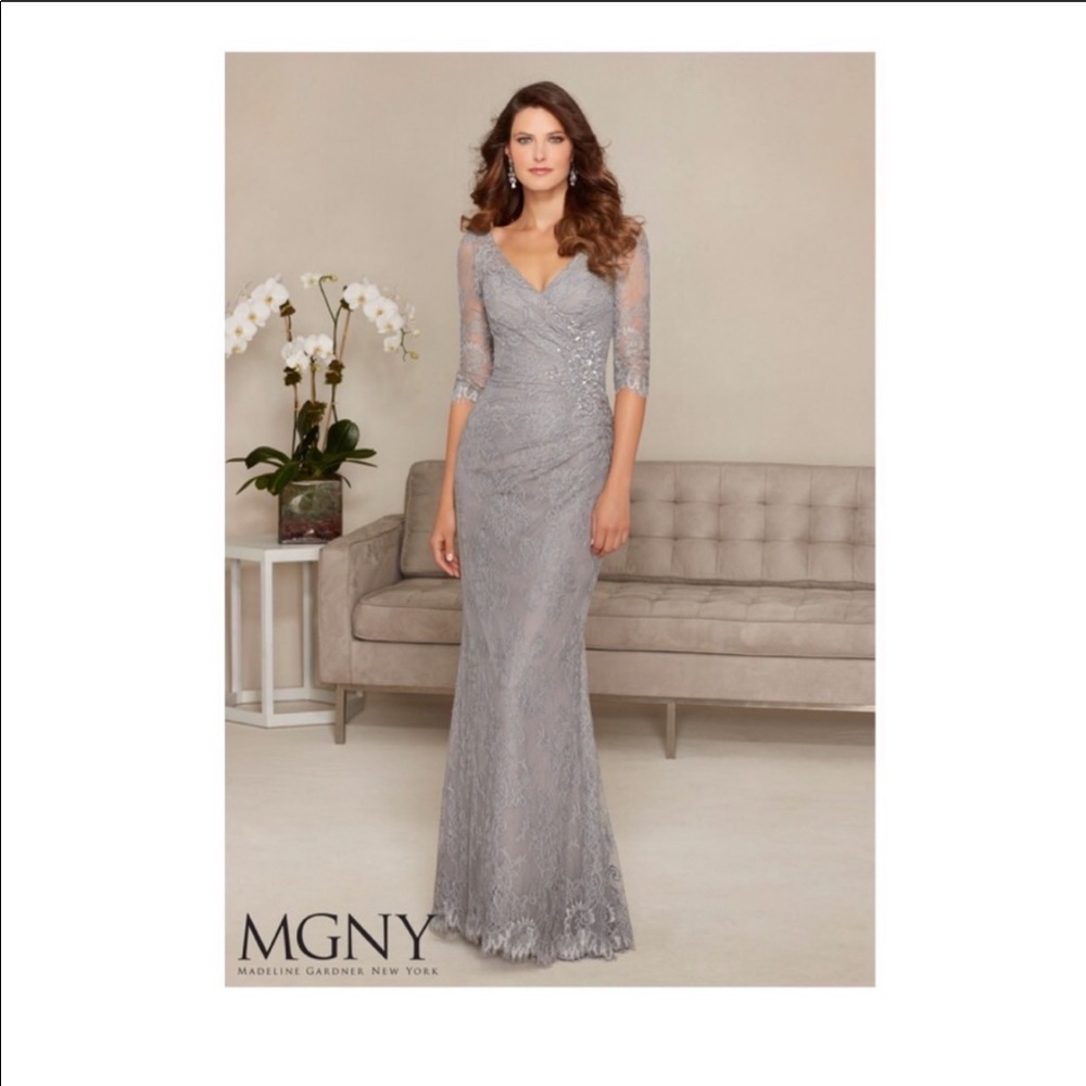 MGNY Silver Long Sleeve Lace Evening Gown